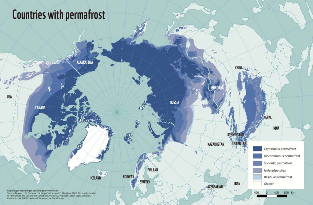 Map showing permafrost coverage on Arctic countries.