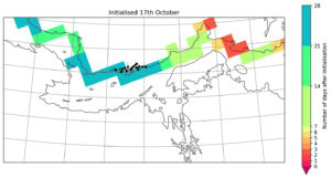 This example of an IceNet early-warning map, generated with a start date of October 17, 2022, predicted how long it would take from that date for the sea ice to start reaching a safe crossing level for caribou (red indicates sooner, blue indicates later). The black dots are the real-time GPS locations of caribou on the date the map was generated. In this example, even though the herds were already gathered at the coast, IceNet predicted that it would be two or three weeks before safe ice formed